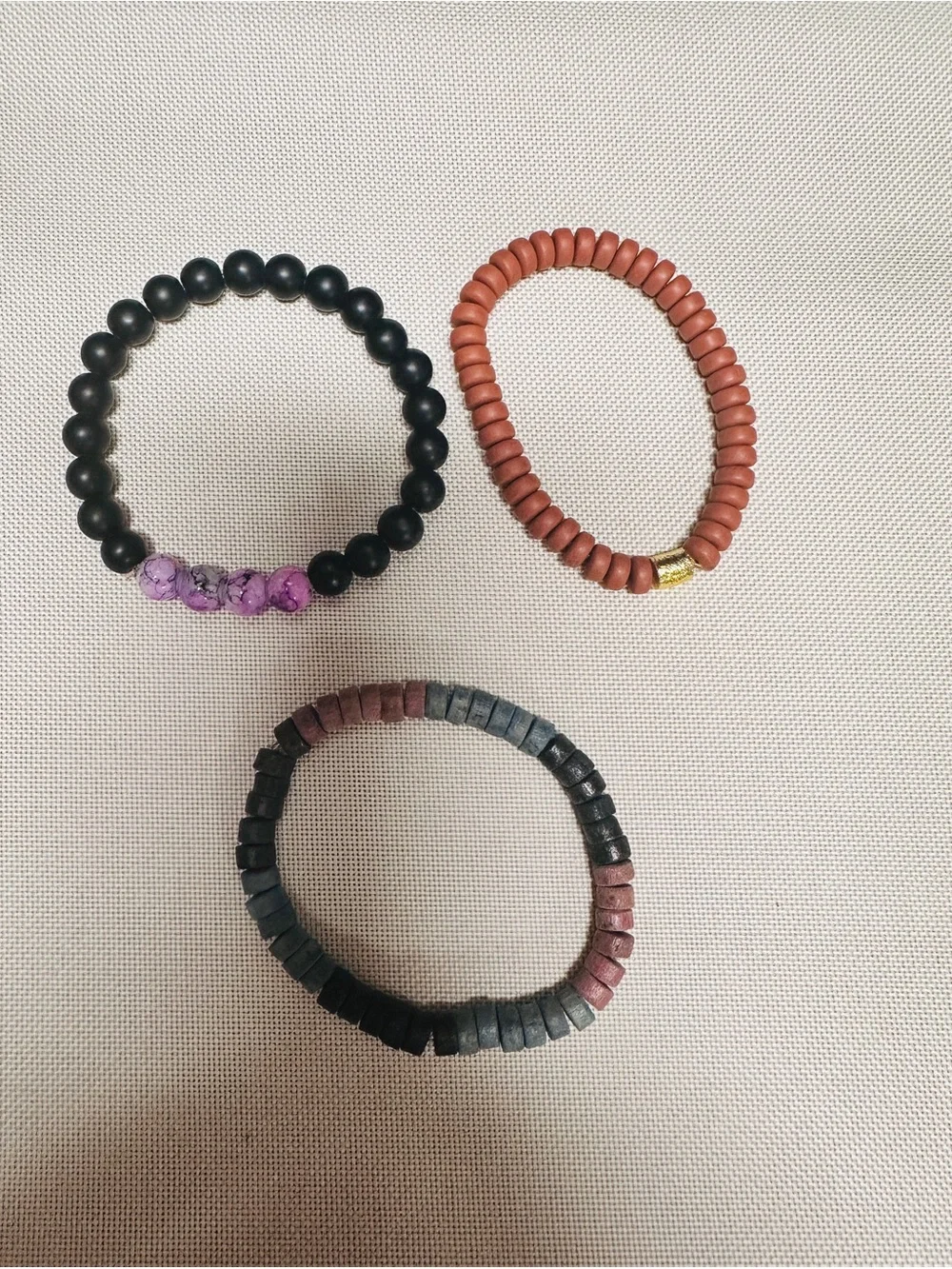 Beaded Stretch Bracelet Trio - Black, Purple, Brown